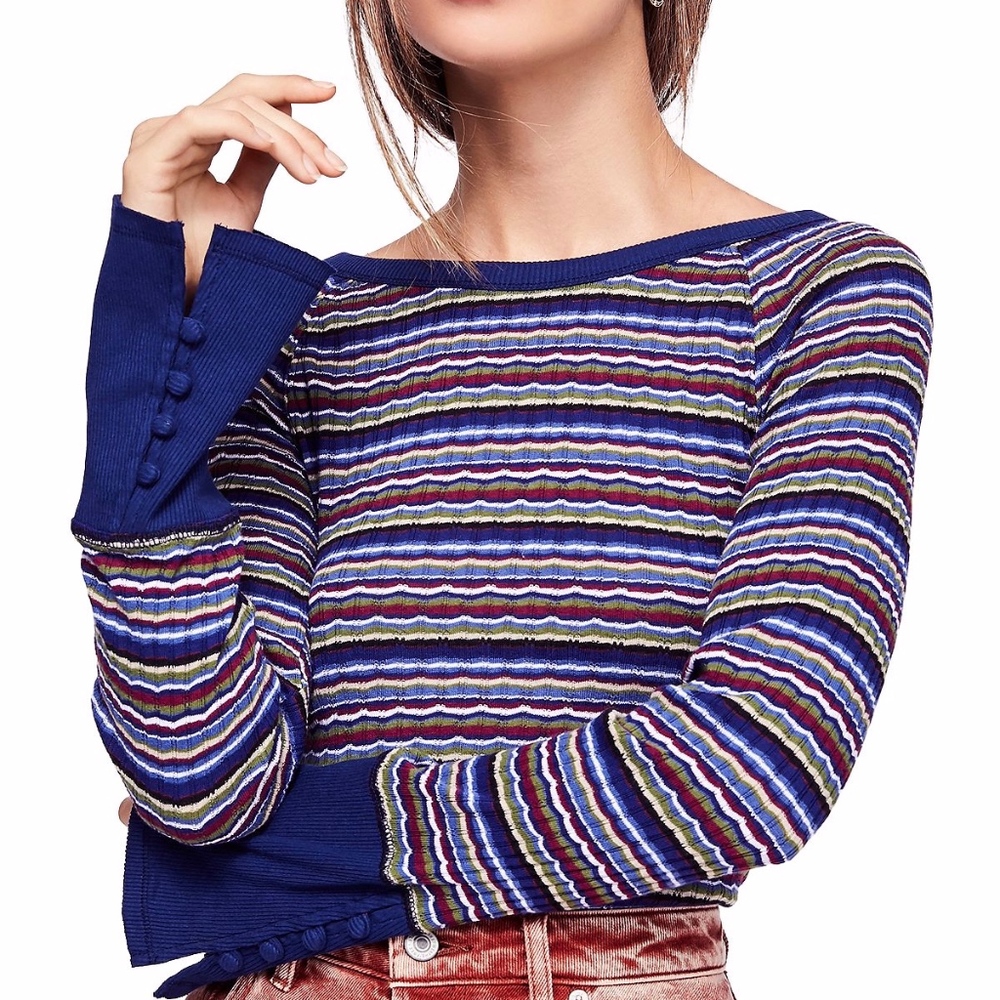 Free People Donna Striped Rib-Knit Tee Navy Small